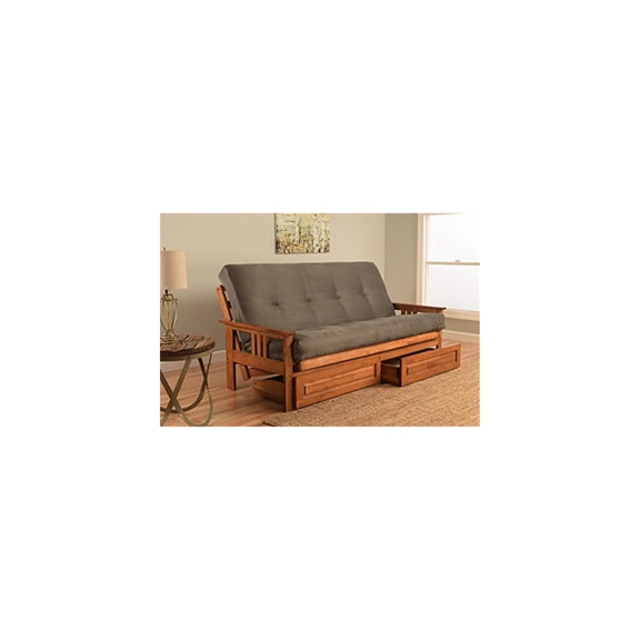 French Country Full Futon Frame Set with Mattress and Storage Drawers, Classic Foldable Hardwood Frame, Easily Converts To Bed