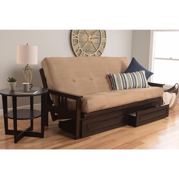 French Country Full Futon Frame Set with Mattress and Storage Drawers, Classic Foldable Hardwood Frame, Easily Converts To Bed