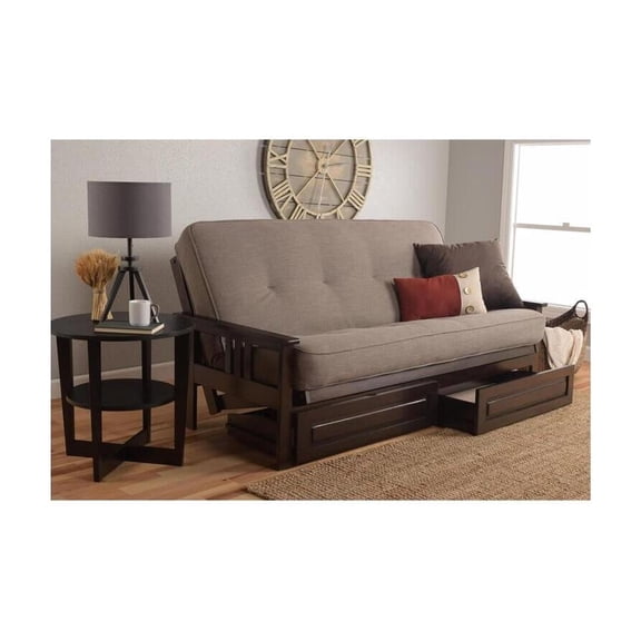 French Country Full Futon Frame Set with Mattress and Storage Drawers, Classic Foldable Hardwood Frame, Easily Converts To Bed