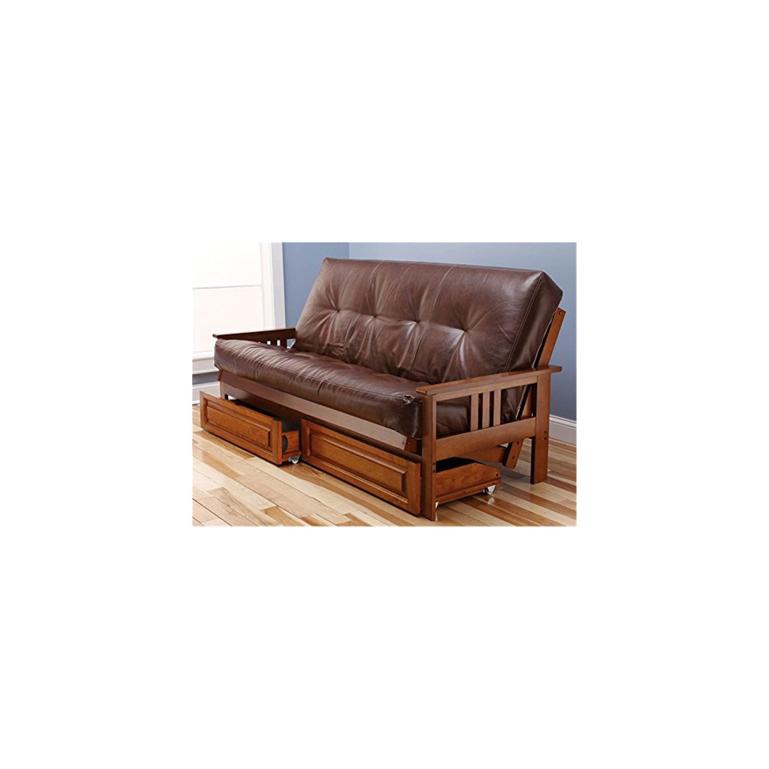 French Country Full Futon Frame Set with Mattress and Storage Drawers, Classic Foldable Hardwood Frame, Easily Converts To Bed