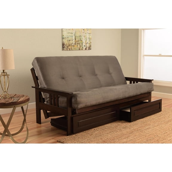 French Country Full Futon Frame Set with Mattress and Storage Drawers, Classic Foldable Hardwood Frame, Easily Converts To Bed