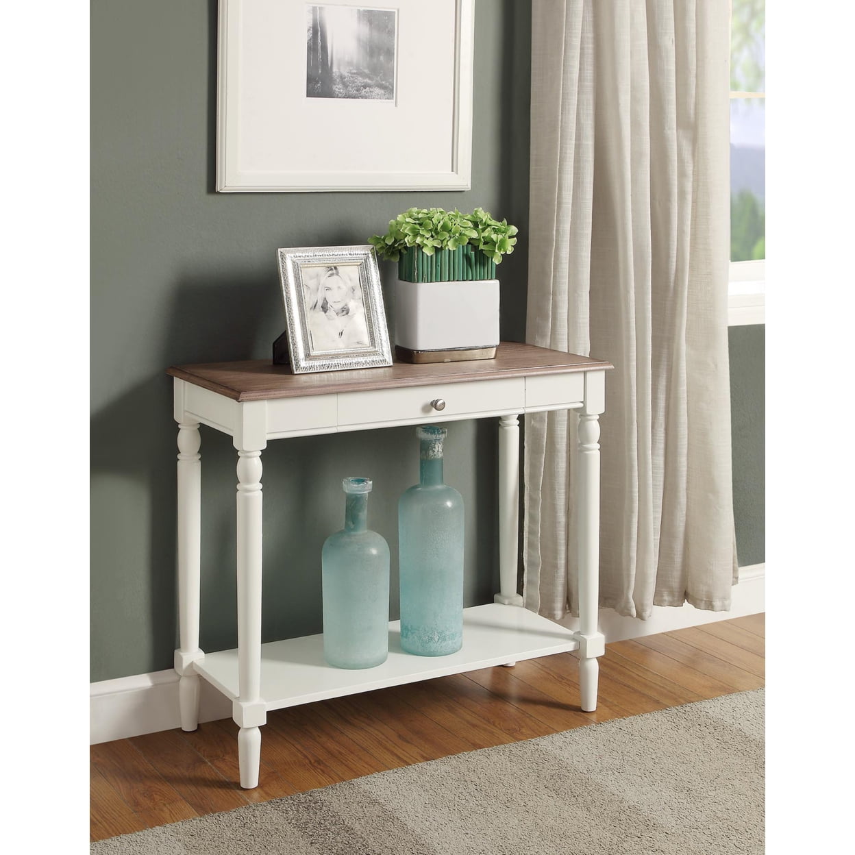 French Country Hall Table with Drawer and Shelf, Driftwood and White