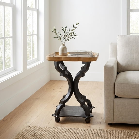 French Country Hourglass End Table with Lipped Top - Black and Natural Finish