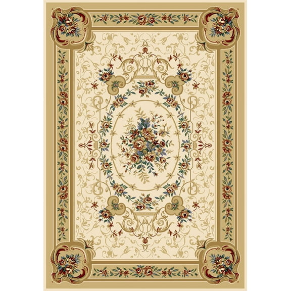 French Country Ivory 2x8 Floral Bordered Medallion Roses Area Rug - Actual 1' 9" x 7' 2"