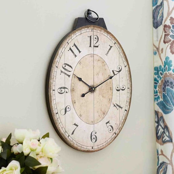 French Country Oval Wall Clock for Living Room Decor, Rustic Farmhouse Wall Clock Decorative, Solid Wood Frame with Iron Hanging Ring, Silent Non-Ticking Battery Operated