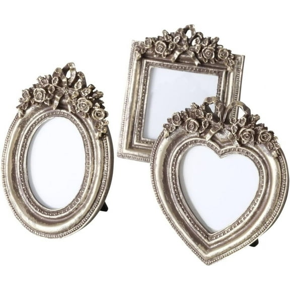 French Country Picture Frames, Set of 3, Vintage Shabby Finish, Antiqued Silver, 4 L x 2.25 W x 4.75 H inches
