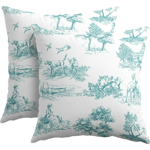 French Country Pillow Covers 16x16 Inch Set of 2 Teal and White Printed Vintage Toile Cottage Decorative Throw Pillows Rustic Farmhouse Pillow Cases Cotton Linen Cushion Covers for Couch Home Decor