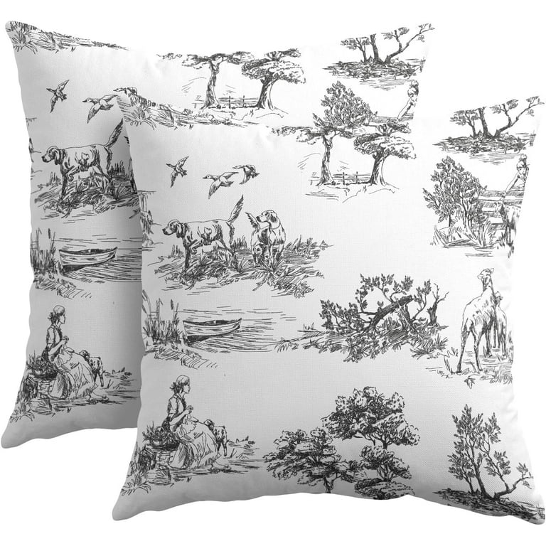 French Country Pillow Covers 18x18 Inch Set of 2 Black and White Printed Vintage Toile Cottage Decorative Throw Pillows Rustic Farmhouse Pillow Cases