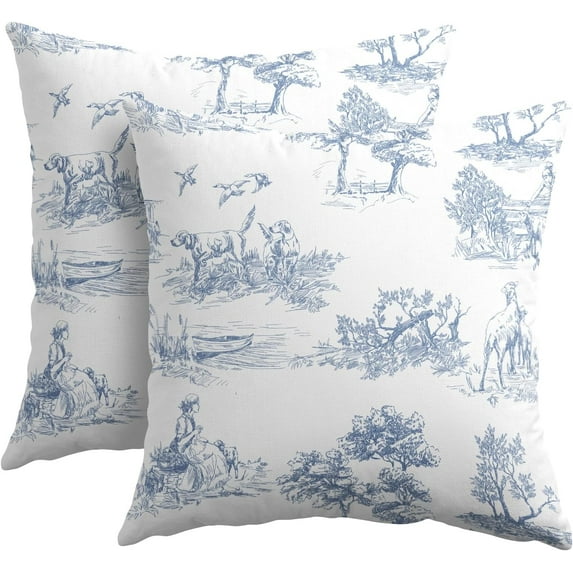 French Country Pillow Covers 18x18 Inch Set of 2 Blue and White Printed Vintage Toile Cottage Decorative Throw Pillows Rustic Farmhouse Pillow Cases Cotton Linen Cushion Covers for Couch Home Decor