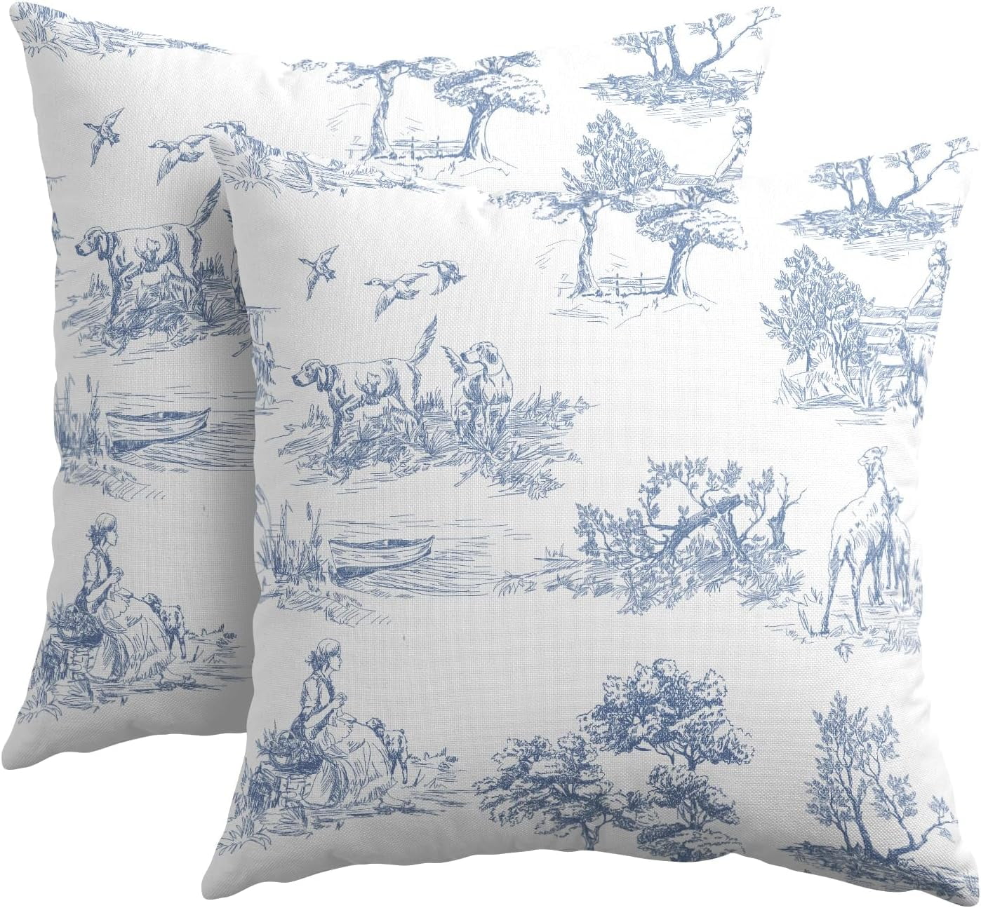 French Country Pillow Covers 20x20 Inch Set of 2 Blue and White Printed  Vintage Toile Cottage Decorative Throw Pillows Rustic Farmhouse Pillow  Cases ..., image size:1398x1295