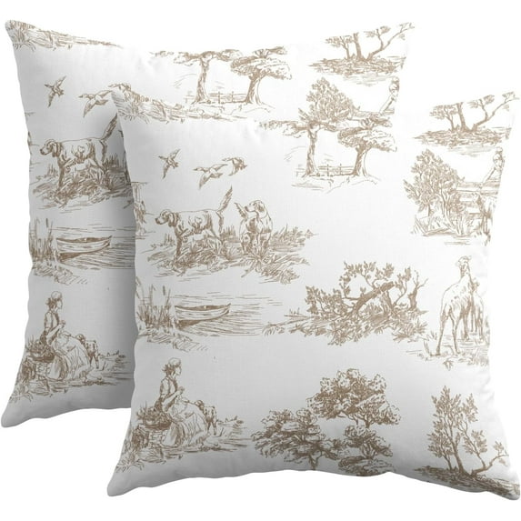 French Country Pillow Covers 20x20 Inch Set of 2 Tan and White Printed Vintage Toile Cottage Decorative Throw Pillows Rustic Farmhouse Pillow Cases Cotton Linen Cushion Covers for Couch Home Decor