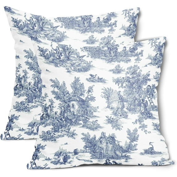 French Country Pillow Covers Set of 2 16x16 Inch Vintage Toile Blue White Cotton Linen Polyester Decorative Throw Pillow Case Cushion Cover for Bedroom Sofa Living Room Couch Chair Office