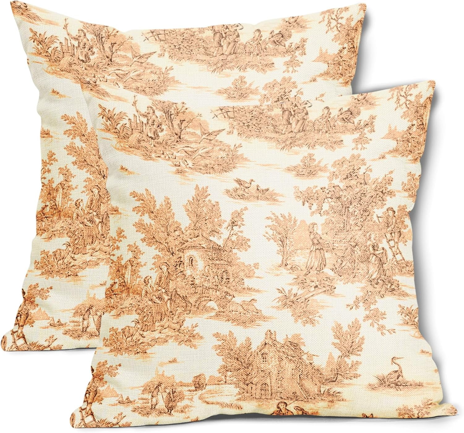 French Country Pillow Covers Set of 2 18x18 Inch Vintage Fall Toile Orange  Beige Cotton Linen Polyester Decorative Throw Pillow Case Cushion Cover for  Bedroom Sofa Living Room Couch Chair Office -, image size:1500x1402