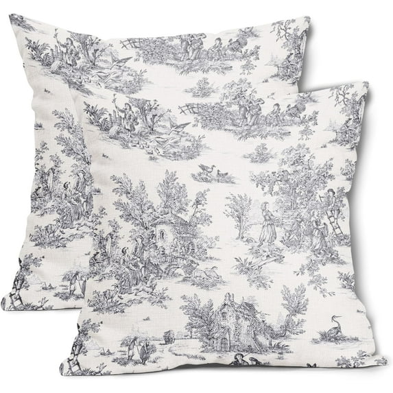 French Country Pillow Covers Set of 2 18x18 Inch Vintage Toile Grey Cotton Linen Polyester Decorative Throw Pillow Case Cushion Cover for Bedroom Sofa Living Room Couch Chair Office