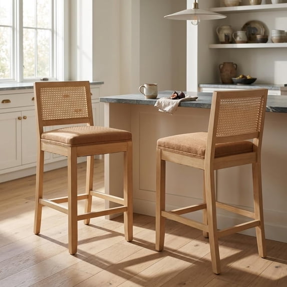 French Country Rattan Counter Height Stools, Linen Upholstered Bar Stools Set of 2, Farmhouse Wooden Barstools with Cane Back, Amber Kitchen Island Chairs, Sillas para Barra de Cocina (Amber, 2 Pcs)