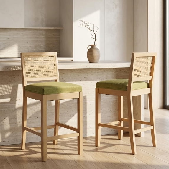 French Country Rattan Counter Height Stools, Linen Upholstered Bar Stools Set of 2, Farmhouse Wooden Barstools with Cane Back, Olive Kitchen Island Chairs, Sillas para Barra de Cocina (Olive, 2 Pcs)