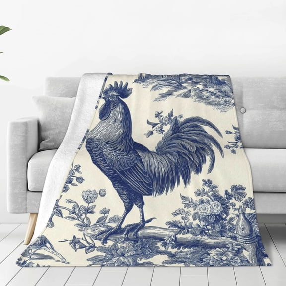 French Country Rooster Throw Blanket, Blue and White Toile Farmhouse Design, Soft Flannel Fleece for Sofa Couch Bed, Vintage Home Decor 50x40
