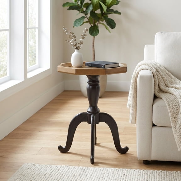 French Country Round End Table with Lipped Top and Spider Legs - Black and Natural