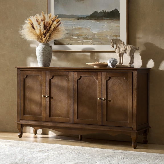 French Country Sideboard Buffet Server 4-Door Storage Cabinet with Adjustable Shelves & Wood Legs Walnut