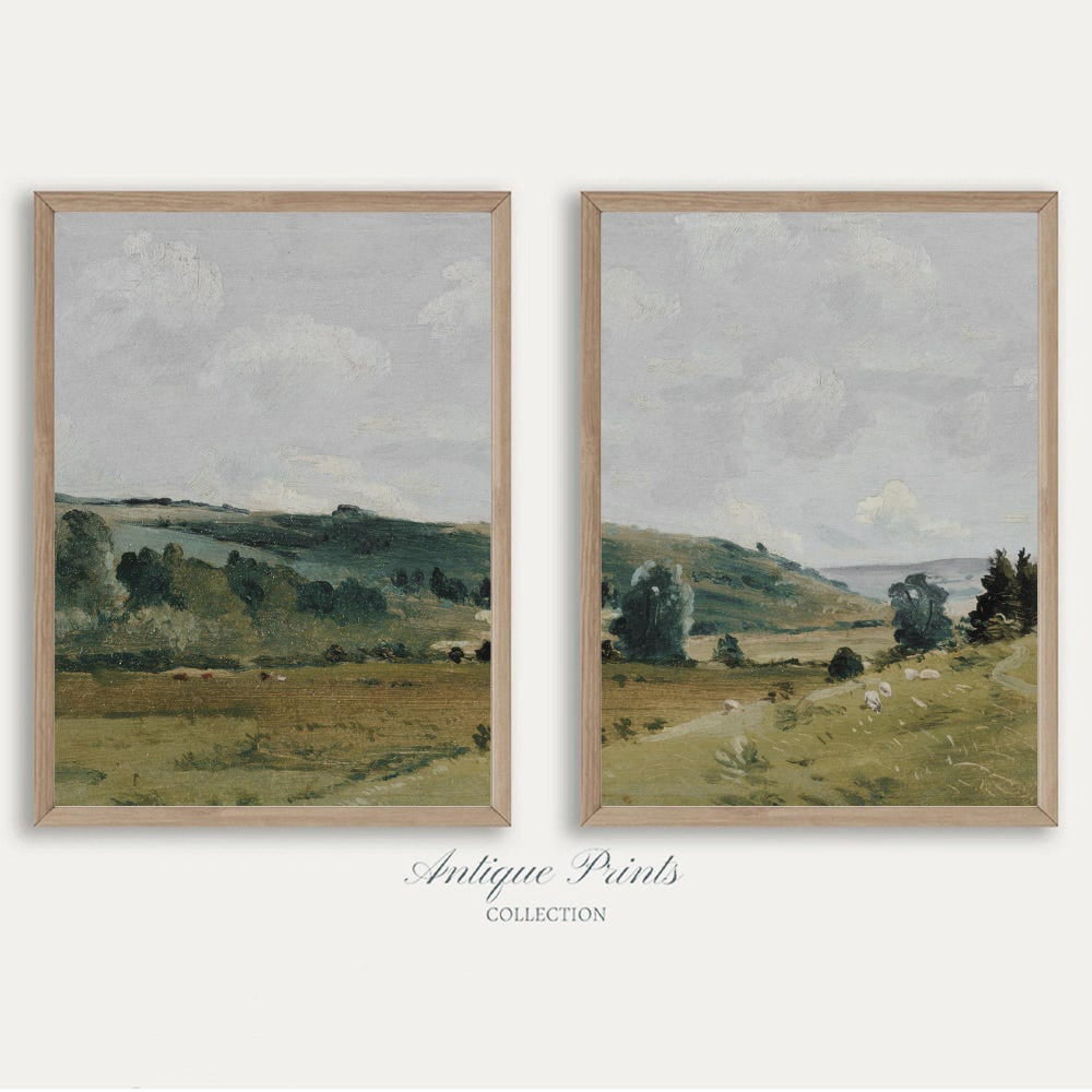 French Country Split Neutral Landscape Vintage Farmhouse Wall Art Set 2 ...