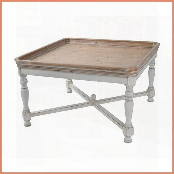 French Country Square Coffee Table for Living Room - 33x33x19", Aged White Base & Natural Wood Top, Versatile Design