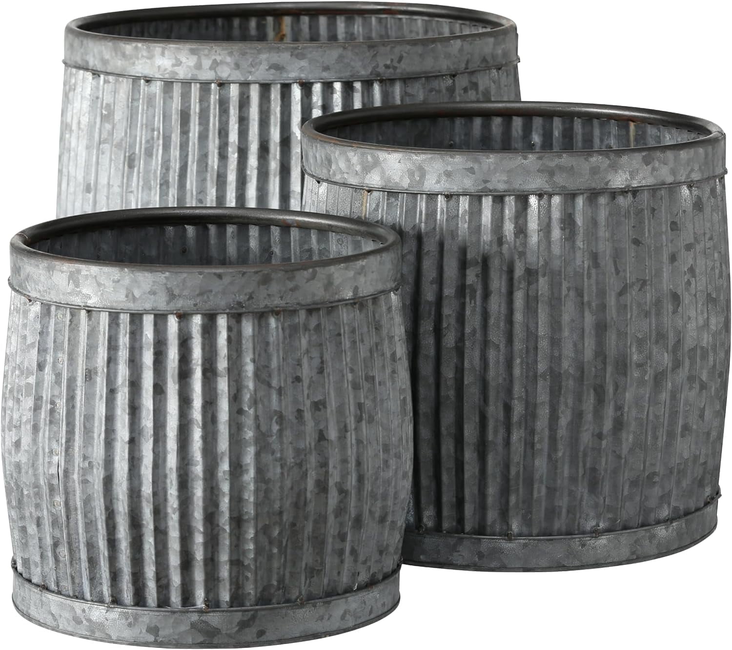 French Country Style Belly Bucket Planters, Set of 3, Galvanized Metal , Corrugated Cache Pots, Rustic Wash Basin, From Over 1 Ft Diameter (17 - 12 Inches)