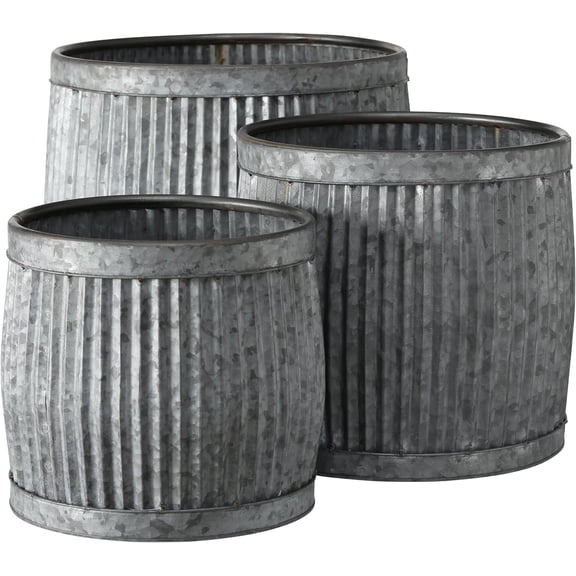 French Country Style Belly Bucket Planters, Set of 3, Galvanized Metal , Corrugated Cache Pots, Rustic Wash Basin, From Over 1 Ft Diameter (17 - 12 Inches)