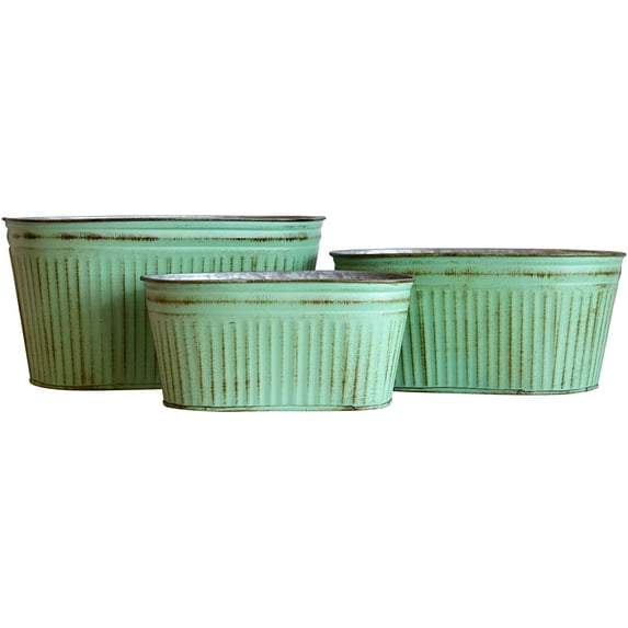 French Country Style Oblong Cache Pot Planters, Set of 3, Distressed Pale Green Finish with Terracotta Undertones, Galvanized Zinc, Corrugated Details, 10.5, 9, and 7.5 Inches Long