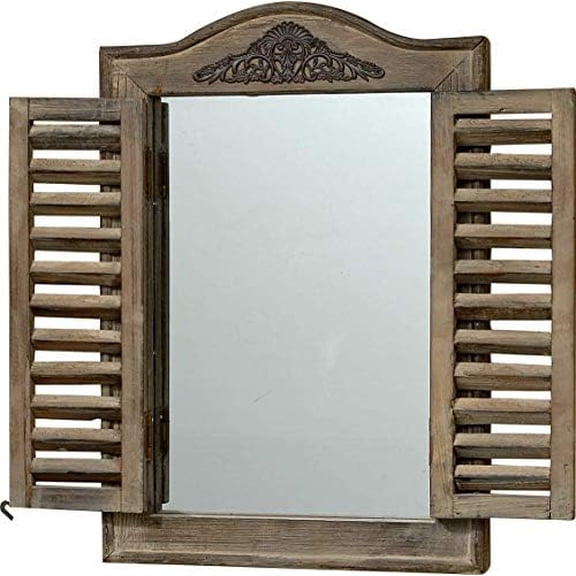 French Country Style Rustic Window Mirror with Shutters, Sustainable Wood, Approx. 18 Inches High, Distressed Gray Wash with Vintage Style Metal Decoration$$Electronics Accessories