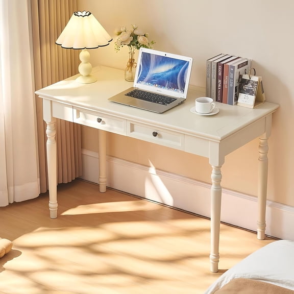 French Country Style White Writing Desks with Drawers, 47" Solid Wood Farmhouse Computer Table for Home Office, Living Room Study or Workspace