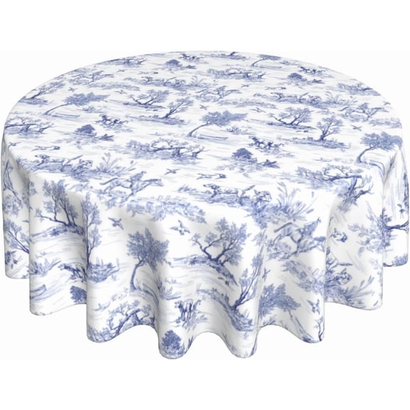 French Country Tablecloth 60 Inch Round Vintage Toile Blue Table Cloths Washable Rustic Classic Village Table Cover for Holiday Kitchen Party Picnic Outdoor Decor