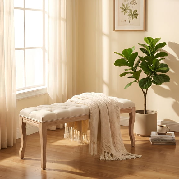 Bedroom Bench, French Vintage Tufted Entryway Bench, 43.3" Carving Upholstered Linen Ottoman Seat with Distressed Wood Legs