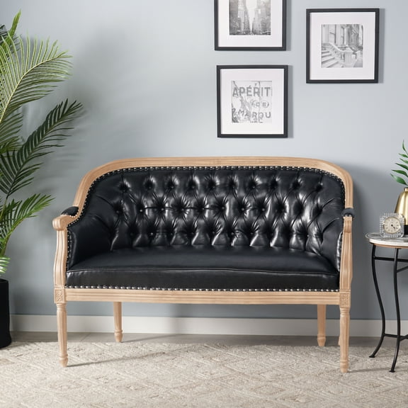 French Country Tufted Loveseat with Nailhead Accents and Turned Wood Legs for Elegant Living Room Seating