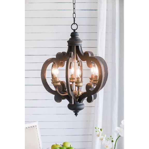 French Country Wood Chandelier, 6-Light Farmhouse Pendant Light Fixture with 28" Adjustable Chain for Kitchen Foyer Hallway, Bulb Not Included