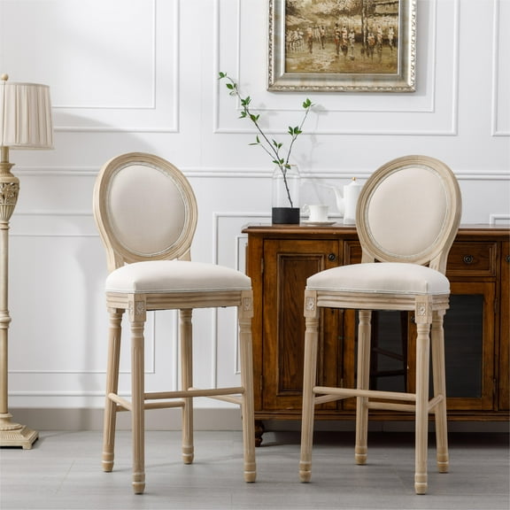 French Country Wooden Barstools with Upholstered Seating ,Beige ,Set of 2