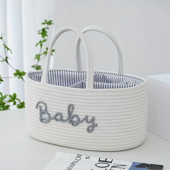 French Country Woven Baby Storage Basket - 'BABY' Embroidery for Diapers & Essentials - Nursery, Kitchen or Shower Gift - Beige/White/Gray/Navy Options