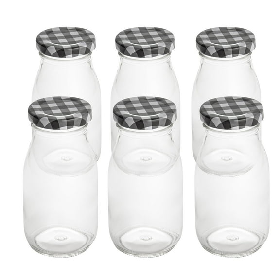 Restaurantware-French Countryside 6 Ounce Glass Bottles, 10 Durable Juice Bottles - With Black Plaid Lid, Dishwashable, Clear Glass Countryside Bottle, For Hot And Cold Beverages