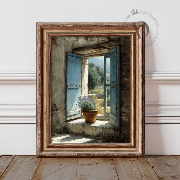 French Countryside Window Wall Art Print, Rustic Lavender Shutter Scene
