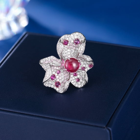 French Court Style Light Luxury High-end Ring Femininity Ruby Super Flash Heavy Industry Color Treasure Three-dimensional Flower Ring