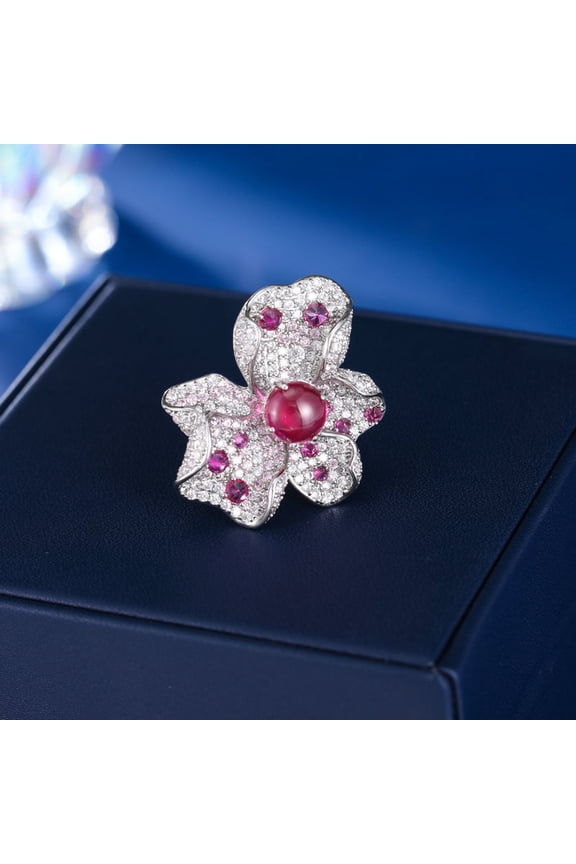 French Court Style Light Luxury High-end Ring Femininity Ruby Super Flash Heavy Industry Color Treasure Three-dimensional Flower Ring
