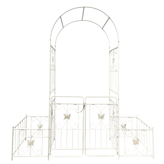 French Creamy White Metal Garden Arch with Double Gate & Side Planter Stands, 79.5"86.6" 0.63" Galvanized Tube Rustproof Climbing Rose Vine Arbor for Outdoor Yard