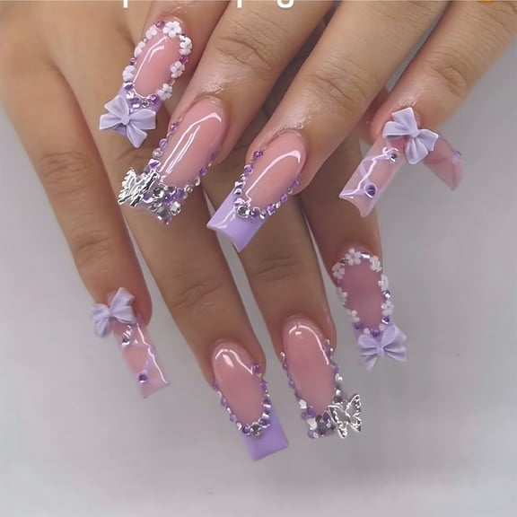 French Cross Bow Butterfly Rhinestone Press on Nails Reusable Removable Pipe False Nails