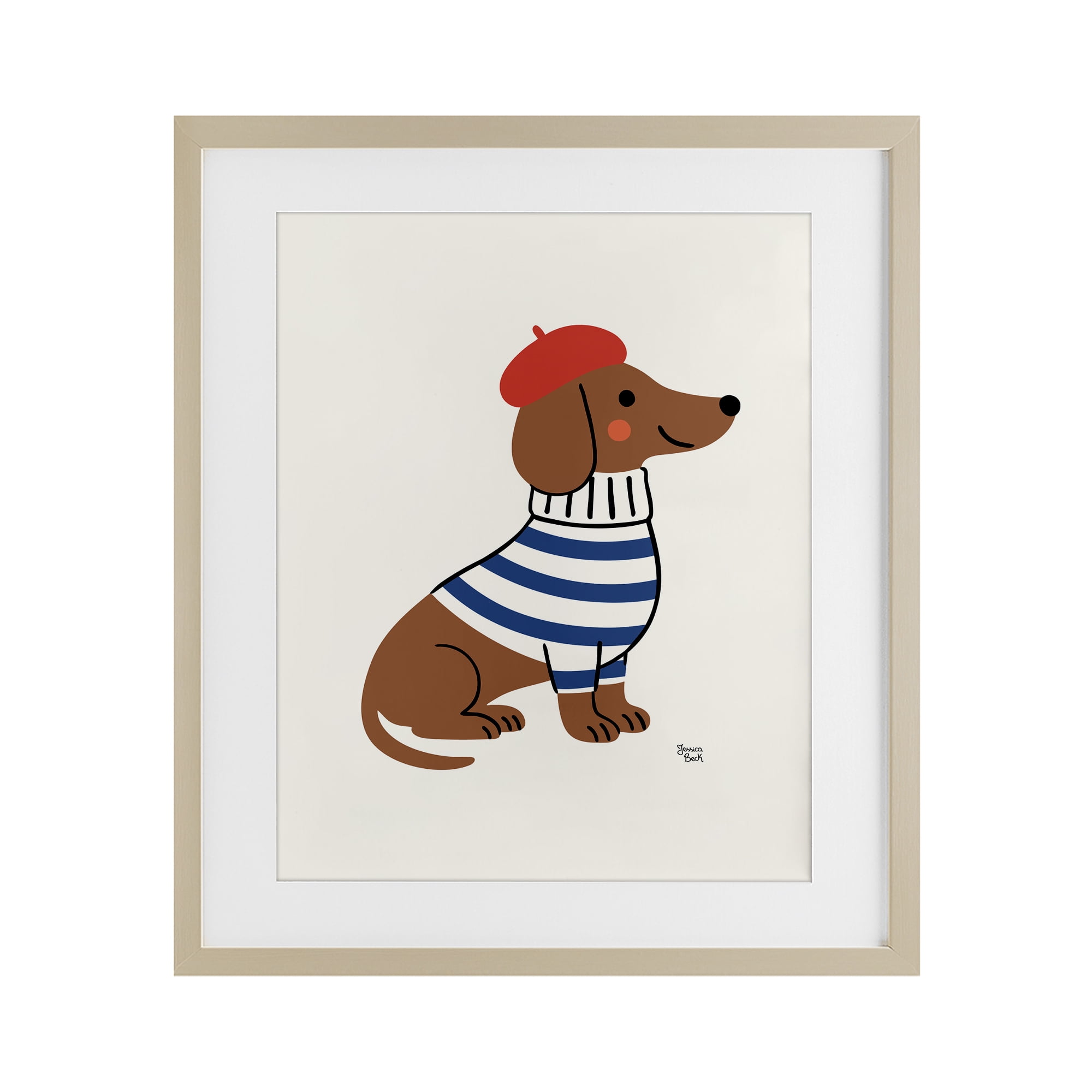 French Dachshund in Beret Birch Framed Print Under Glass, design by Jessica Beck