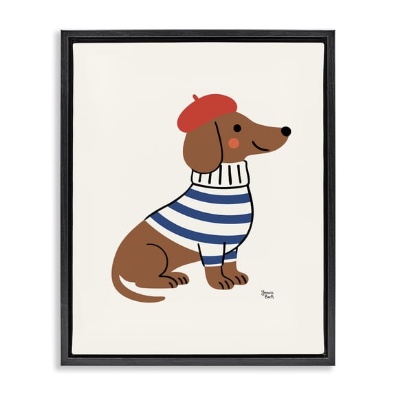 French Dachshund in Beret Black Framed Floater Canvas Wall Art, design by Jessica Beck