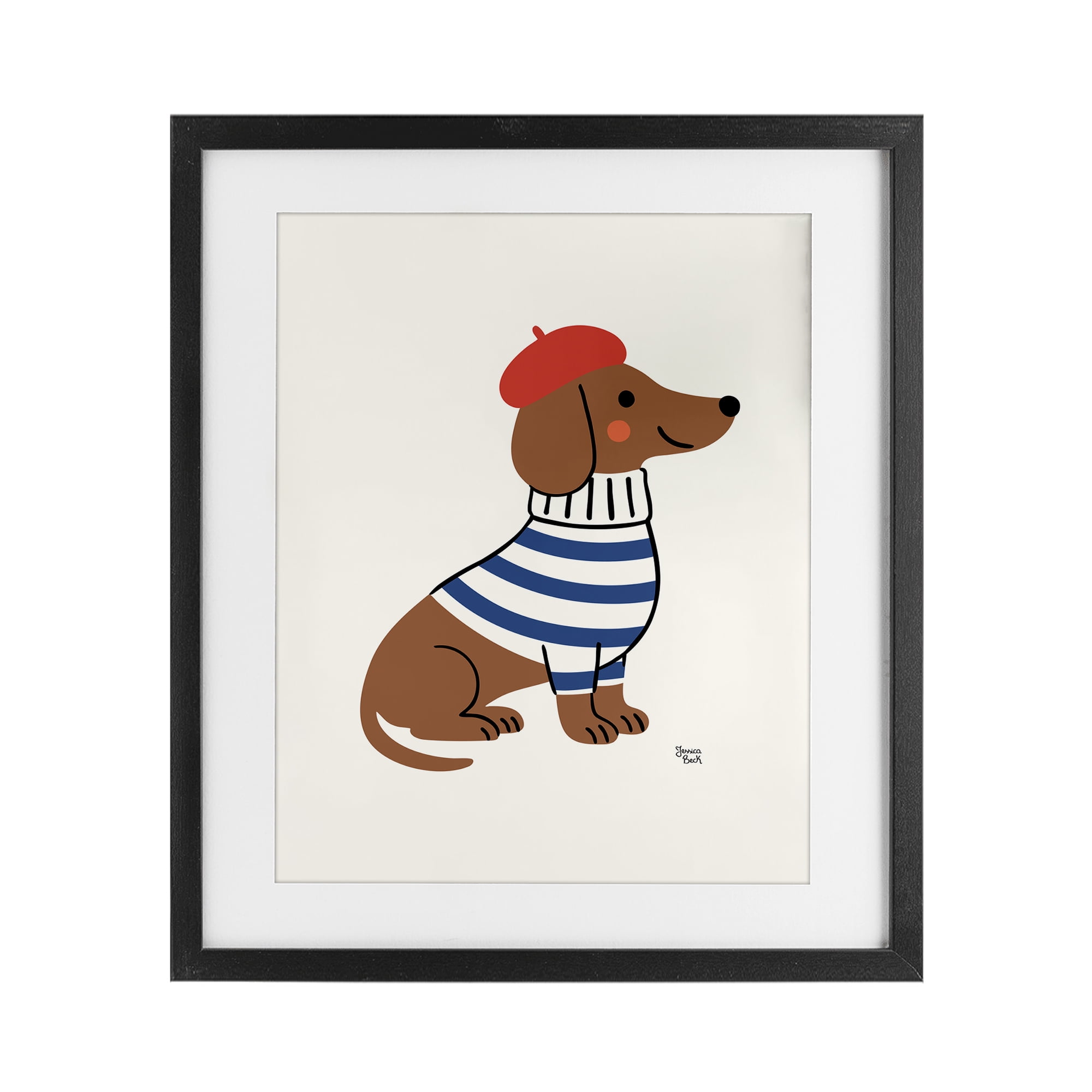 French Dachshund in Beret Black Framed Print Under Glass, design by Jessica Beck