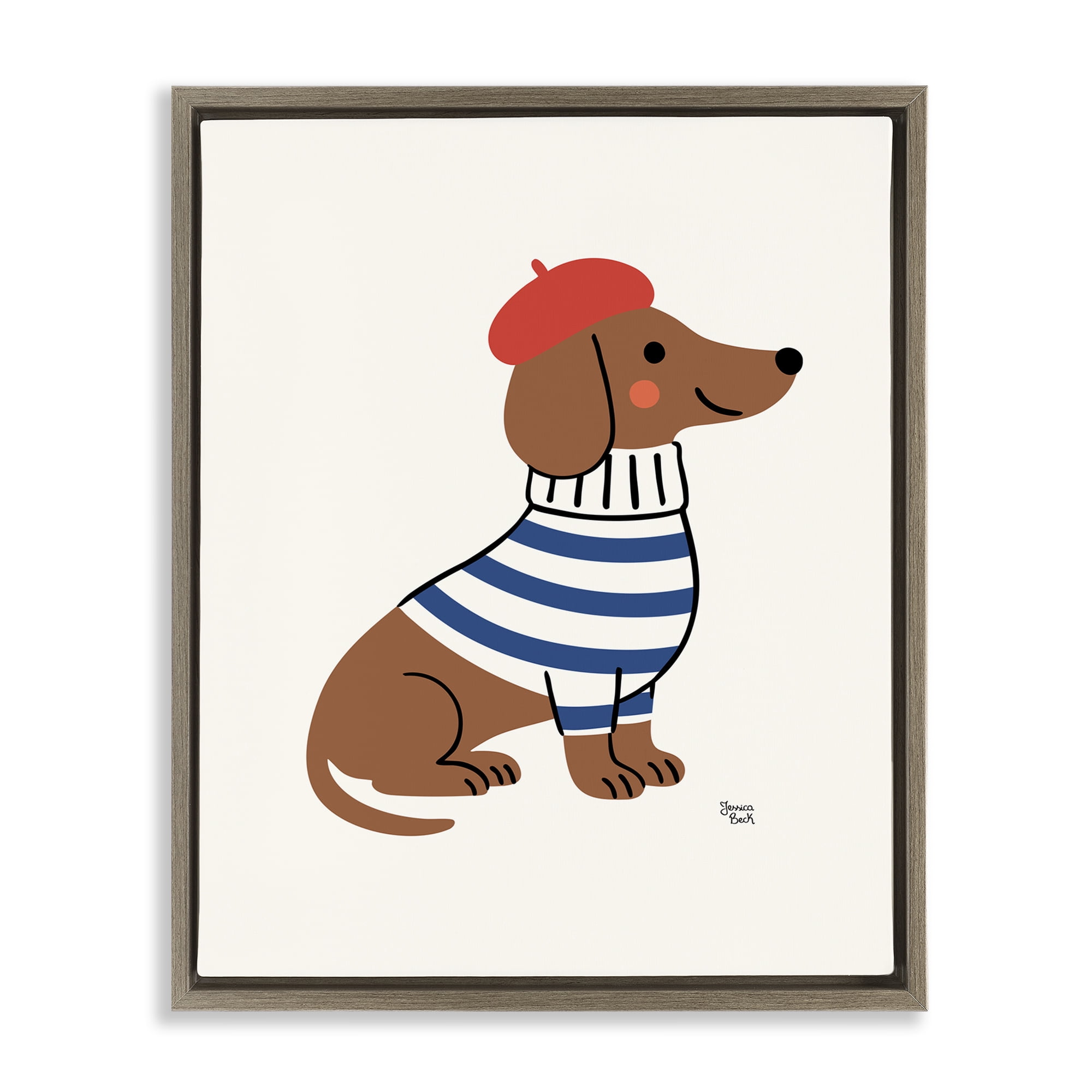 French Dachshund in Beret Brown Framed Floater Canvas Wall Art, design by Jessica Beck