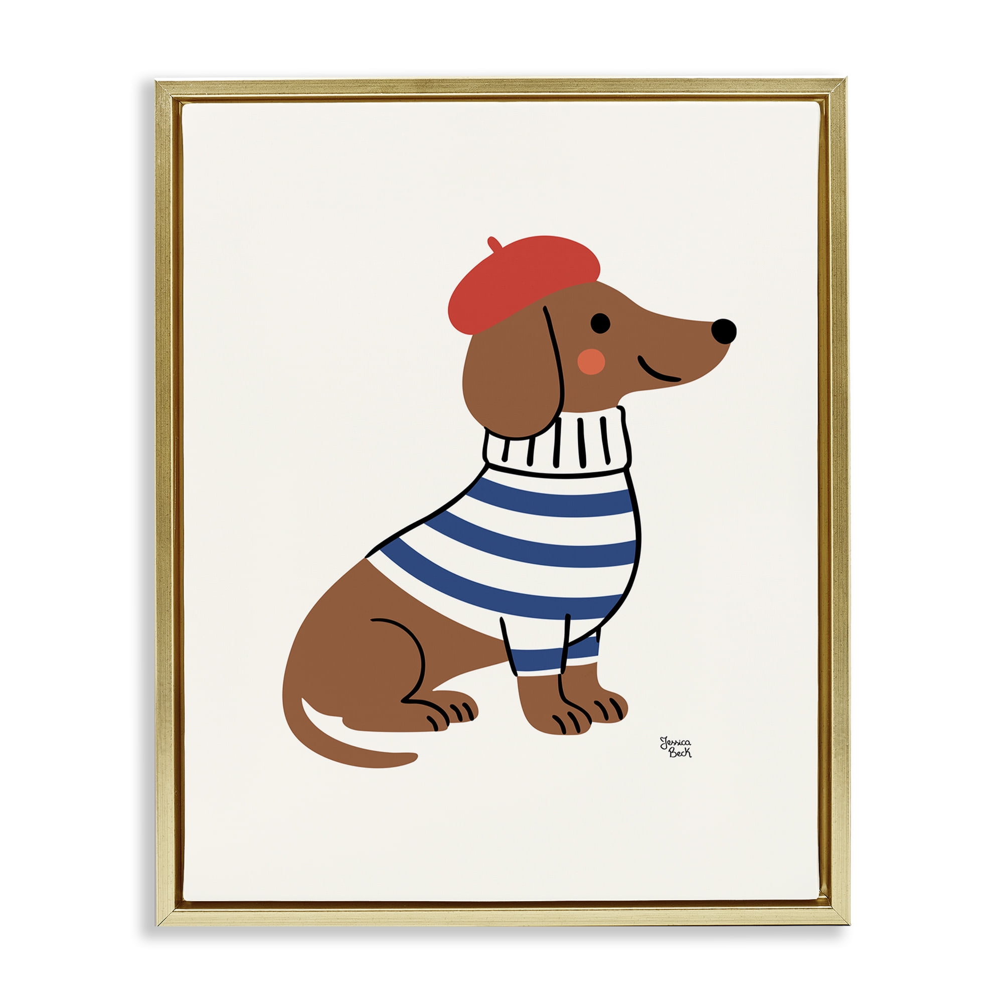 French Dachshund in Beret Gold Framed Floater Canvas Wall Art, design by Jessica Beck