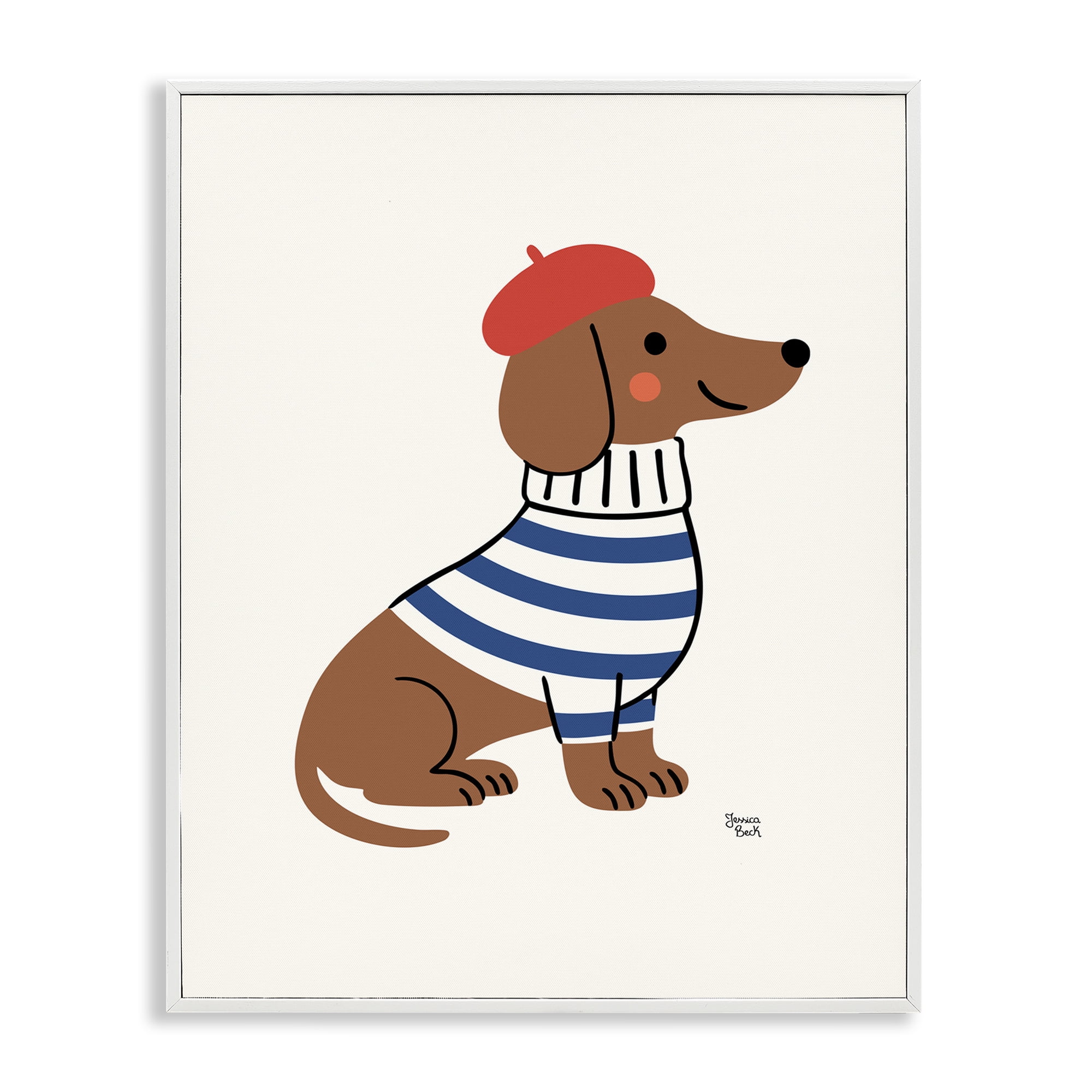 French Dachshund in Beret White Framed Giclee Art, design by Jessica Beck