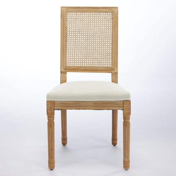 French Decor Dining Chairs Set of 2, Beige Linen & Rattan Back, Carved Solid Rubberwood Frame, Comfortable Foam & Steel Spring, 300lb Capacity, for Living Room & Kitchen