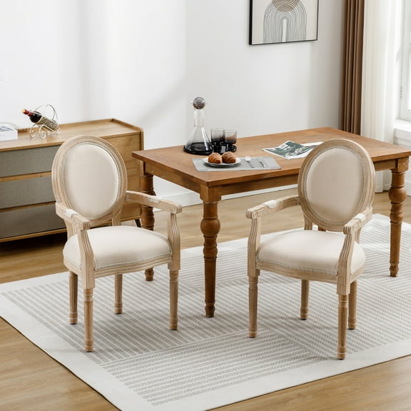 French Dining Chairs Of 2 In Cream. Solid Wood, Dense Foam Seat. Upholstery, Rustic Frame. Elegant Style. 20.79 Depth, 19.29 Width, 31.38 Height, 17.04 Lb Weight Inspired Wood Chair (2), Padding.